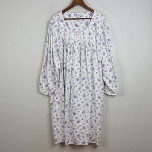 Eileen West Nightgown Womens 3X White Blue Pink Floral Cotton Flannel Pockets